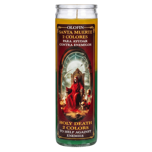 A tall glass prayer candle with a printed label reading 'OLOFIN SANTA MUERTE 2 COLORES' and 'HOLY DEATH 2 COLORS,' featuring a dark illustration of a robed figure on a throne with red, gold, and green color-blocked sections on a white background.