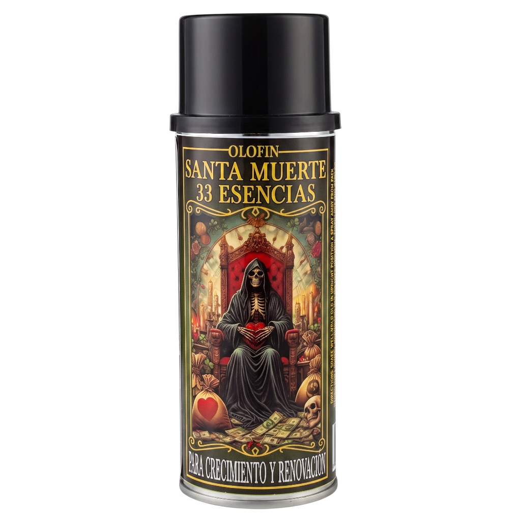 Olofin Santa Muerte 33 Esencias spray can, featuring a black cap and a detailed gothic label with an illustration of a grim reaper seated on a throne.