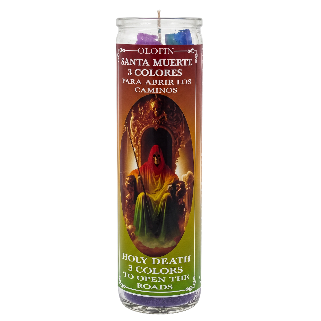 Holy Death 3 Colors candle in a tall glass jar with a colorful label depicting Santa Muerte, on a white background.