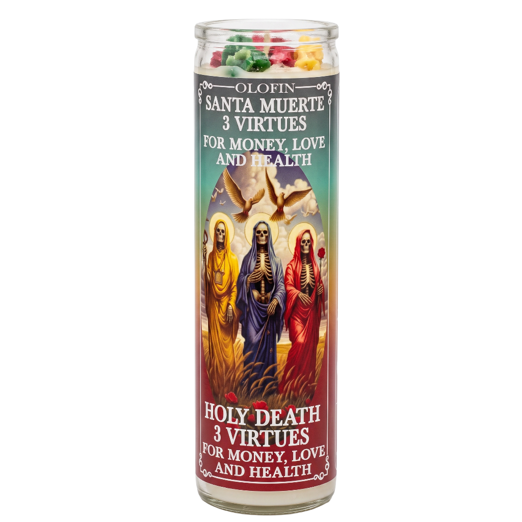 A tall glass prayer candle with a colorful Santa Muerte label featuring three religious figures and the text 'Olofin Santa Muerte 3 Virtues For Money, Love and Health'.