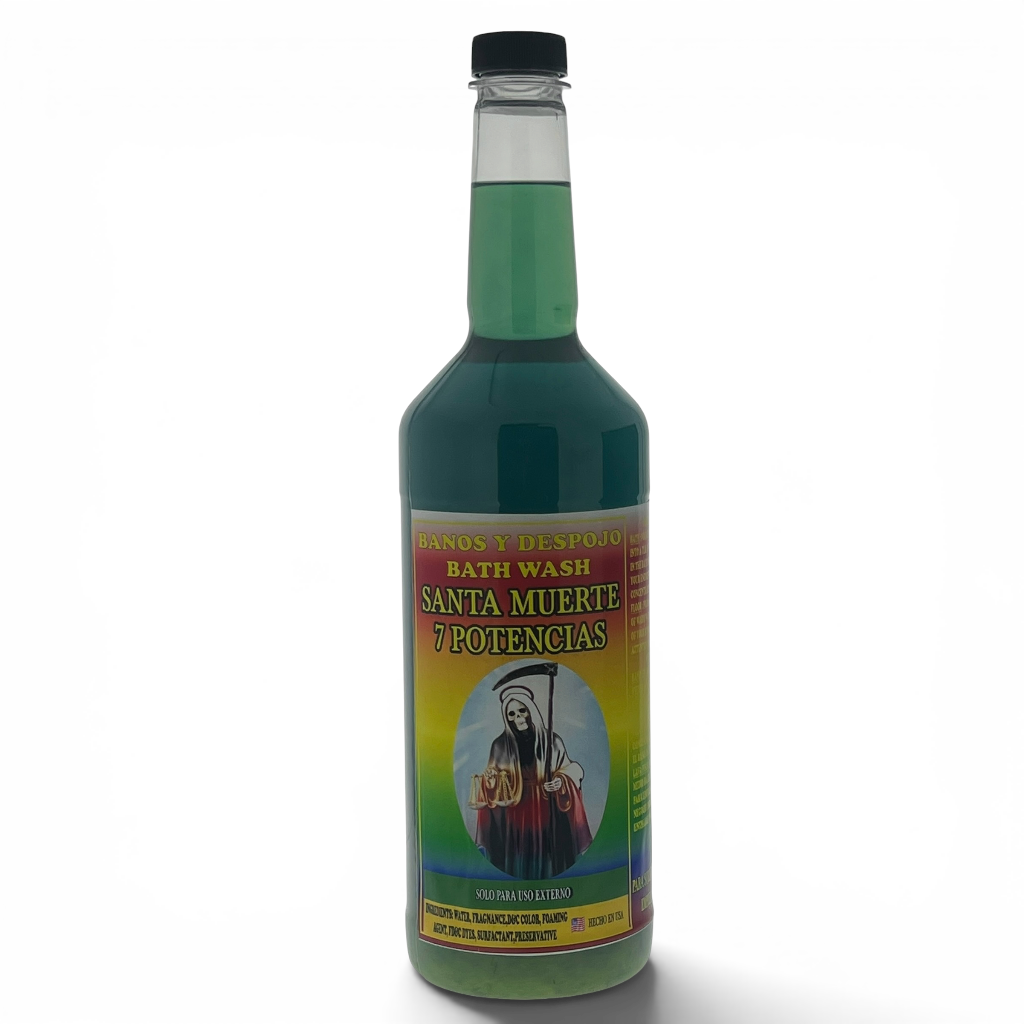 A bottle of Santa Muerte 7 Potencias bath wash with green liquid, featuring a colorful label with a religious illustration, on a white background.