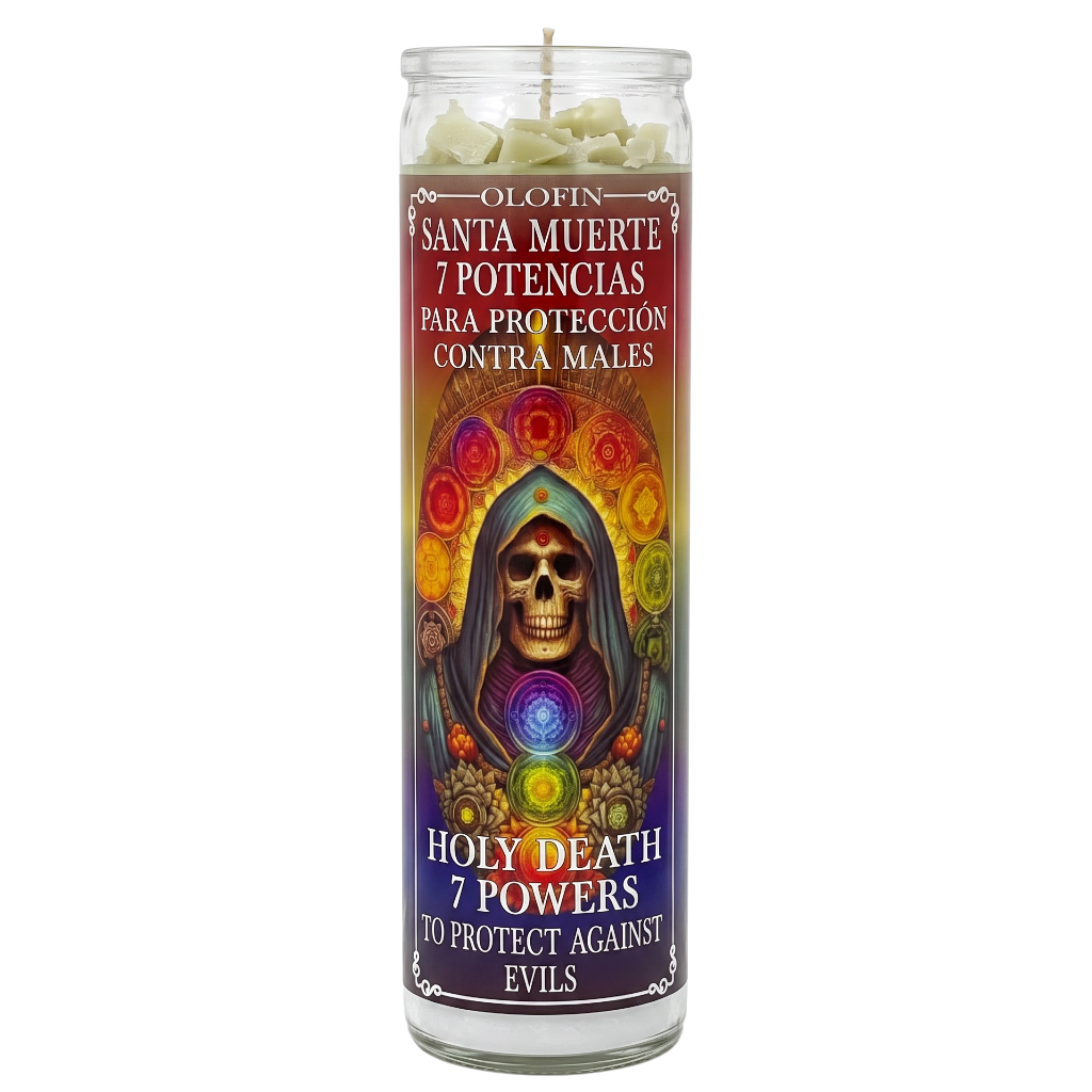 A tall glass jar candle with a colorful printed label featuring a skull in a hood and Spanish and English text reading 'Olofin Santa Muerte 7 Potencias' and 'Holy Death 7 Powers To Protect Against Evils.' The candle is shown upright on a plain white background.