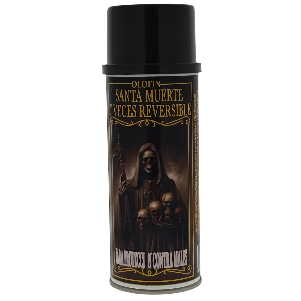 A black aerosol can of Santa Muerte reversible makeup by Olofin, featuring a dark label with gold lettering and an illustration of the Grim Reaper holding skulls.