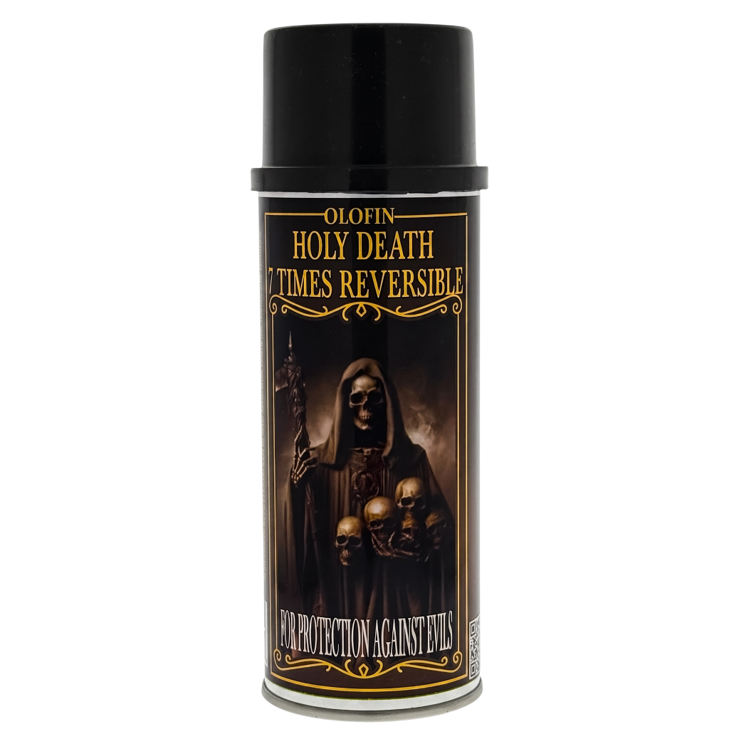 A black spray can of Olofin Holy Death Times Reversible protection against evil, featuring a dark label with a grim reaper holding skulls and gold lettering, on a white background.