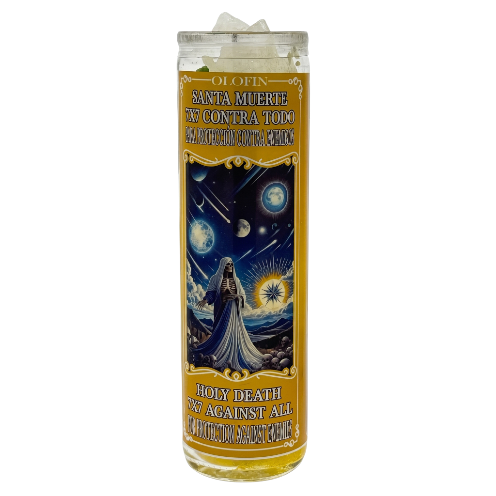 A tall glass prayer candle with a white wax fill and a detailed Santa Muerte label, shown on a plain white background.