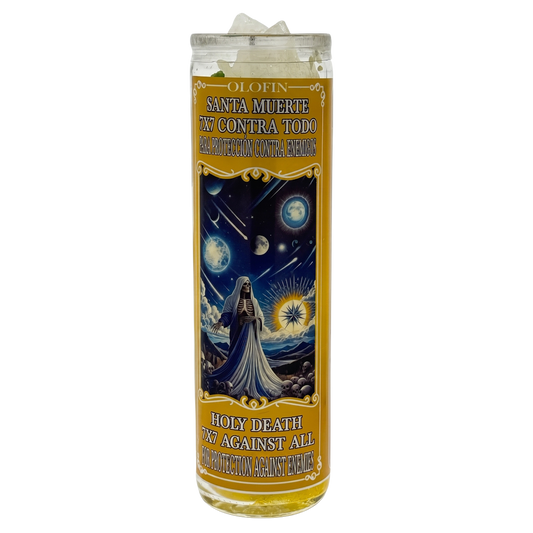 A tall glass prayer candle with a white wax fill and a detailed Santa Muerte label, shown on a plain white background.