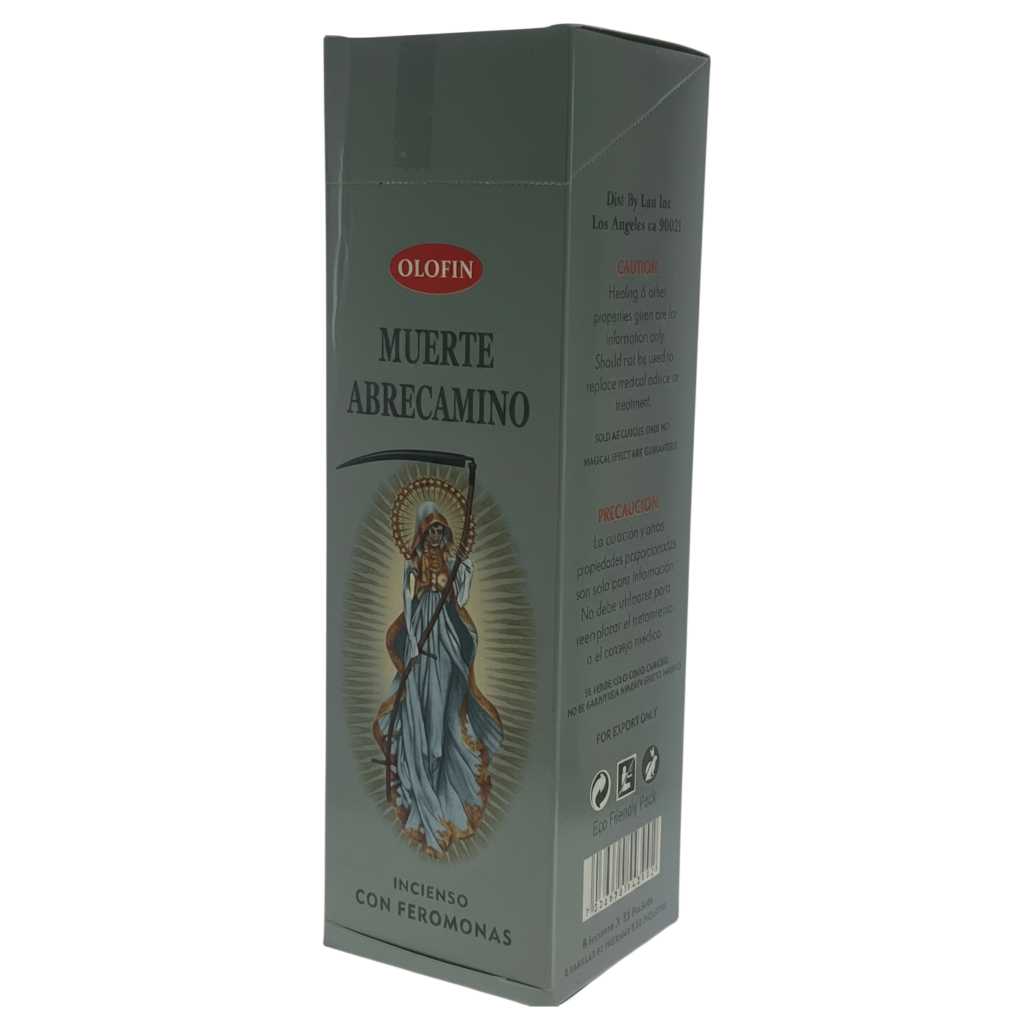 A tall rectangular box of Olofin Muerte Abre Camino incense with a dark gray-green background, featuring a religious illustration of the Virgin Mary holding a scythe, on a plain white background.