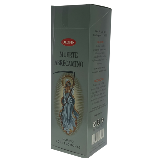 A tall rectangular box of Olofin Muerte Abre Camino incense with a dark gray-green background, featuring a religious illustration of the Virgin Mary holding a scythe, on a plain white background.
