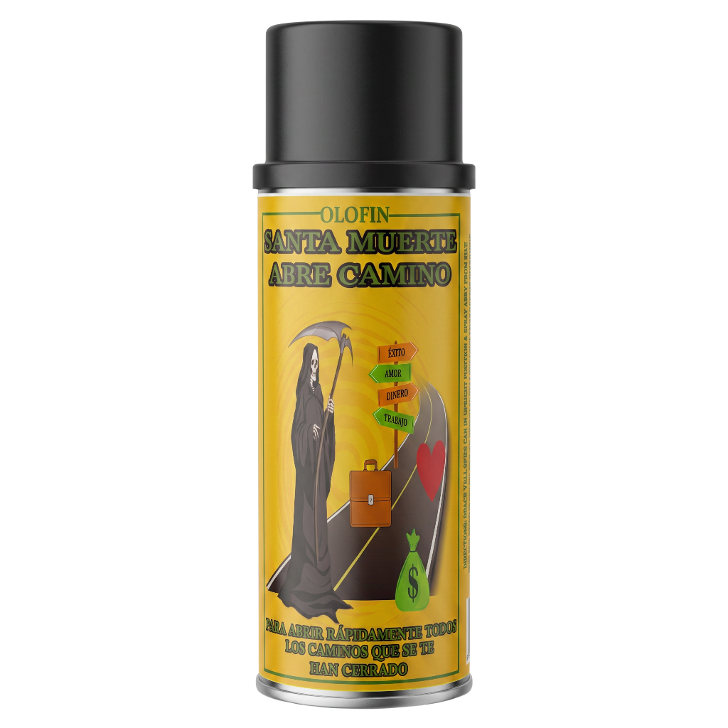 A single spray can of Olofin Santa Muerte Abre Camino spray, featuring a black cap and a yellow label with a grim reaper illustration and Spanish text, set against a plain white background.