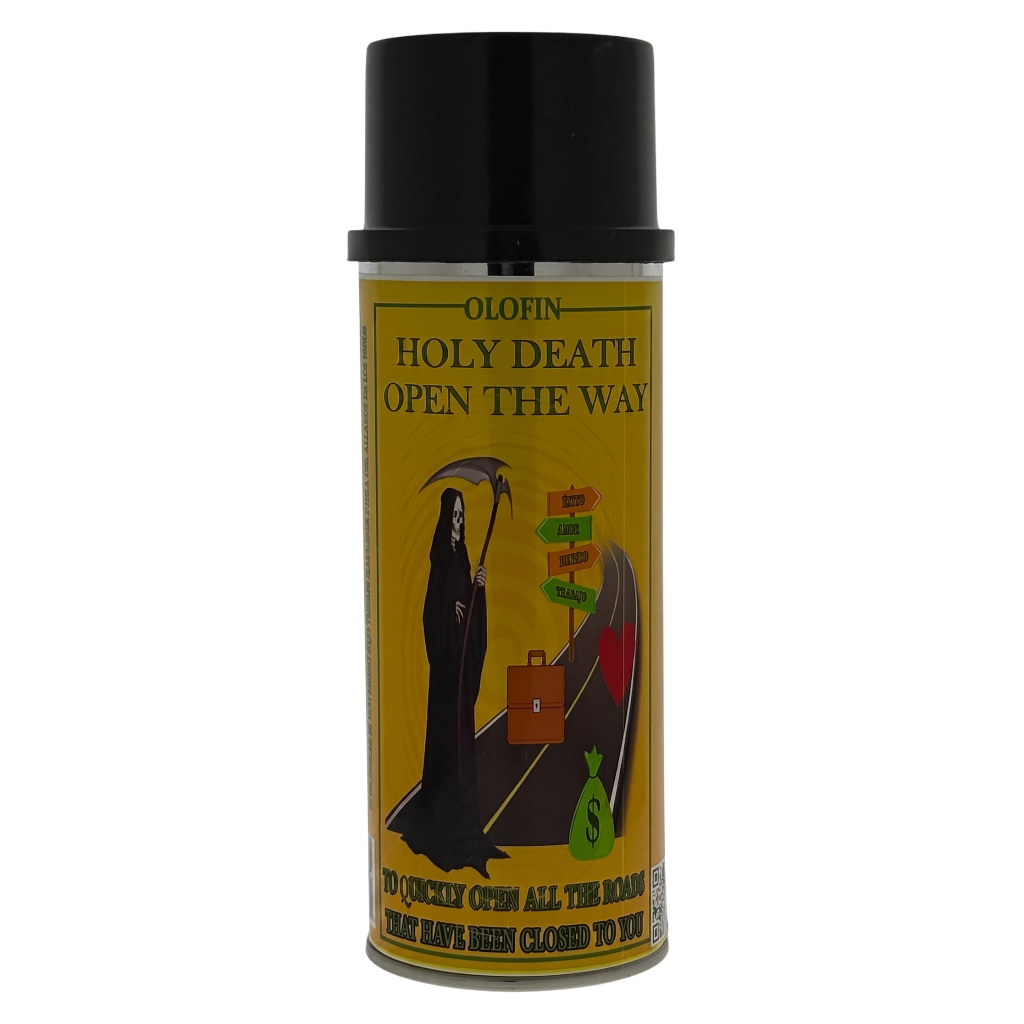 A spray can of Olofin Holy Death Open The Way spray, featuring a black cap and a yellow label with an illustration of a grim reaper and road signs.