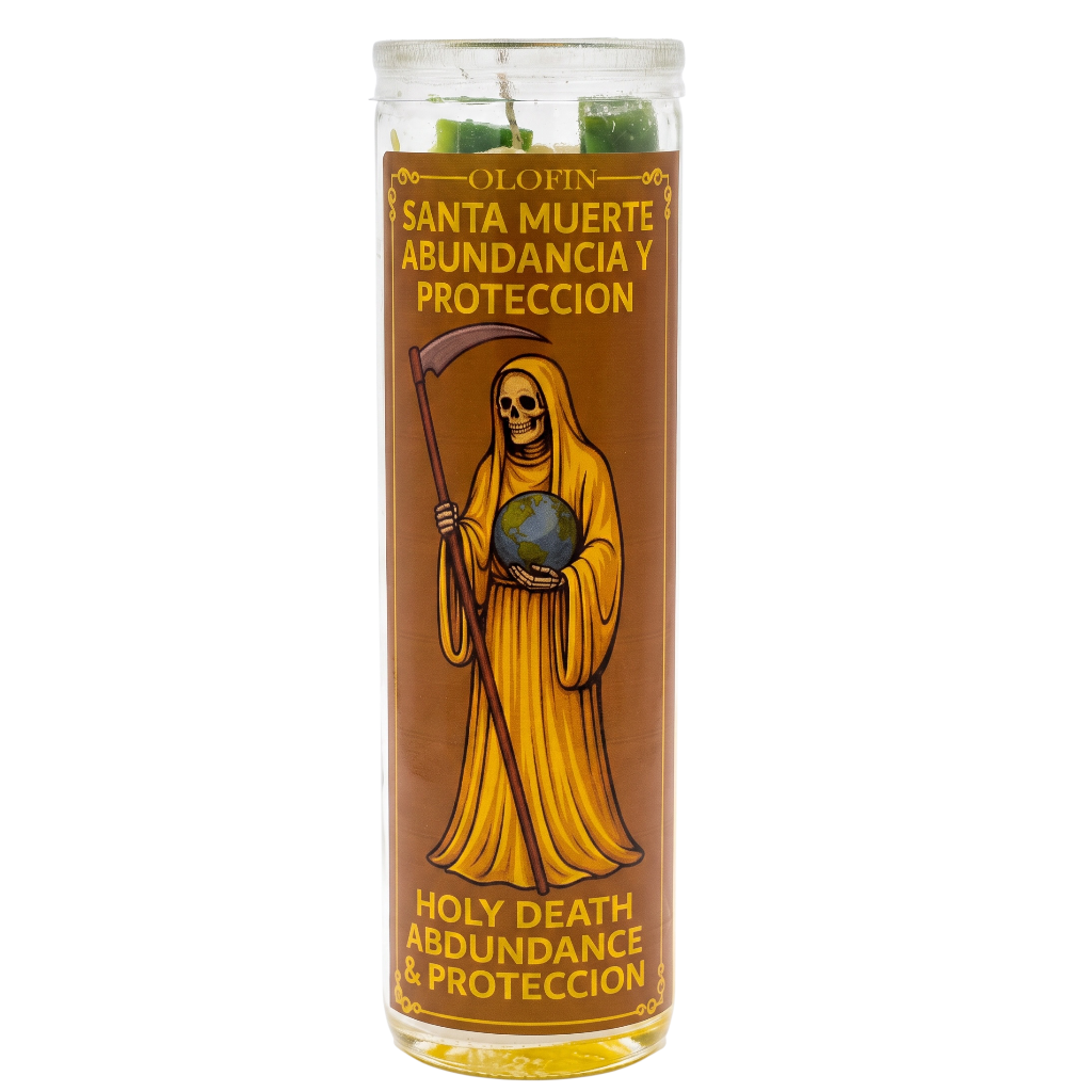 A tall glass prayer candle with a brown label featuring an illustration of the Grim Reaper holding a globe and scythe. The label has Spanish text 'SANTA MUERTE ABUNDANCIA Y PROTECCION' and English text 'HOLY DEATH ABUNDANCE & PROTECTION'.