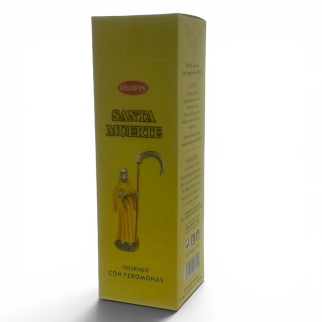 A yellow rectangular box of Olofin Santa Muerte incense with a graphic of the Grim Reaper on the front, set against a plain white background.