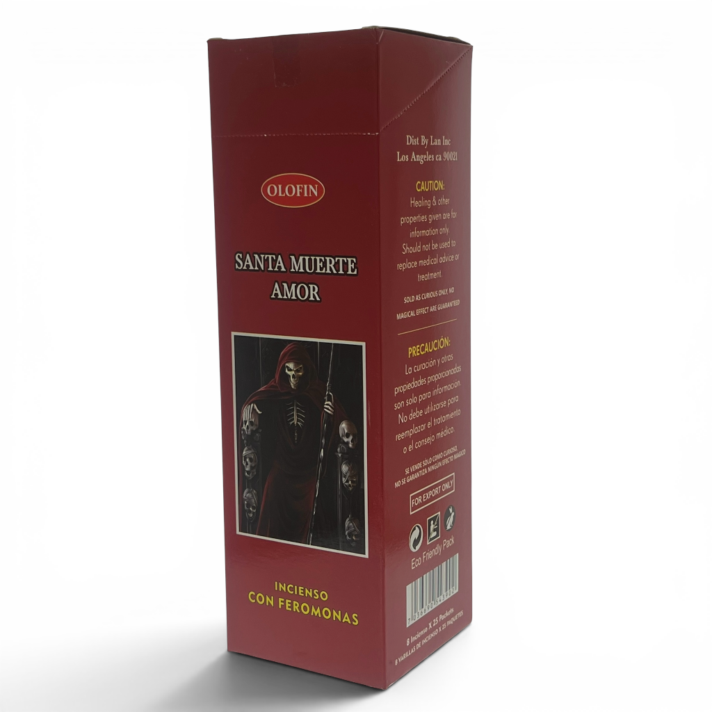 A tall rectangular red box of Olofin Santa Muerte Amor incense with a graphic of a hooded skeleton on the front, photographed on a light gray background.