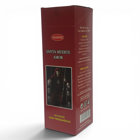 A tall rectangular red box of Olofin Santa Muerte Amor incense with a graphic of a hooded skeleton on the front, photographed on a light gray background.