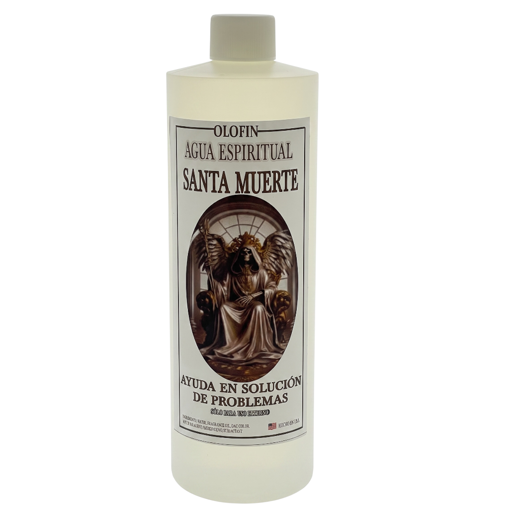 A tall translucent plastic bottle of Olofin Agua Espiritual Santa Muerte, featuring a white label with a brown angel illustration and Spanish text, on a white background.
