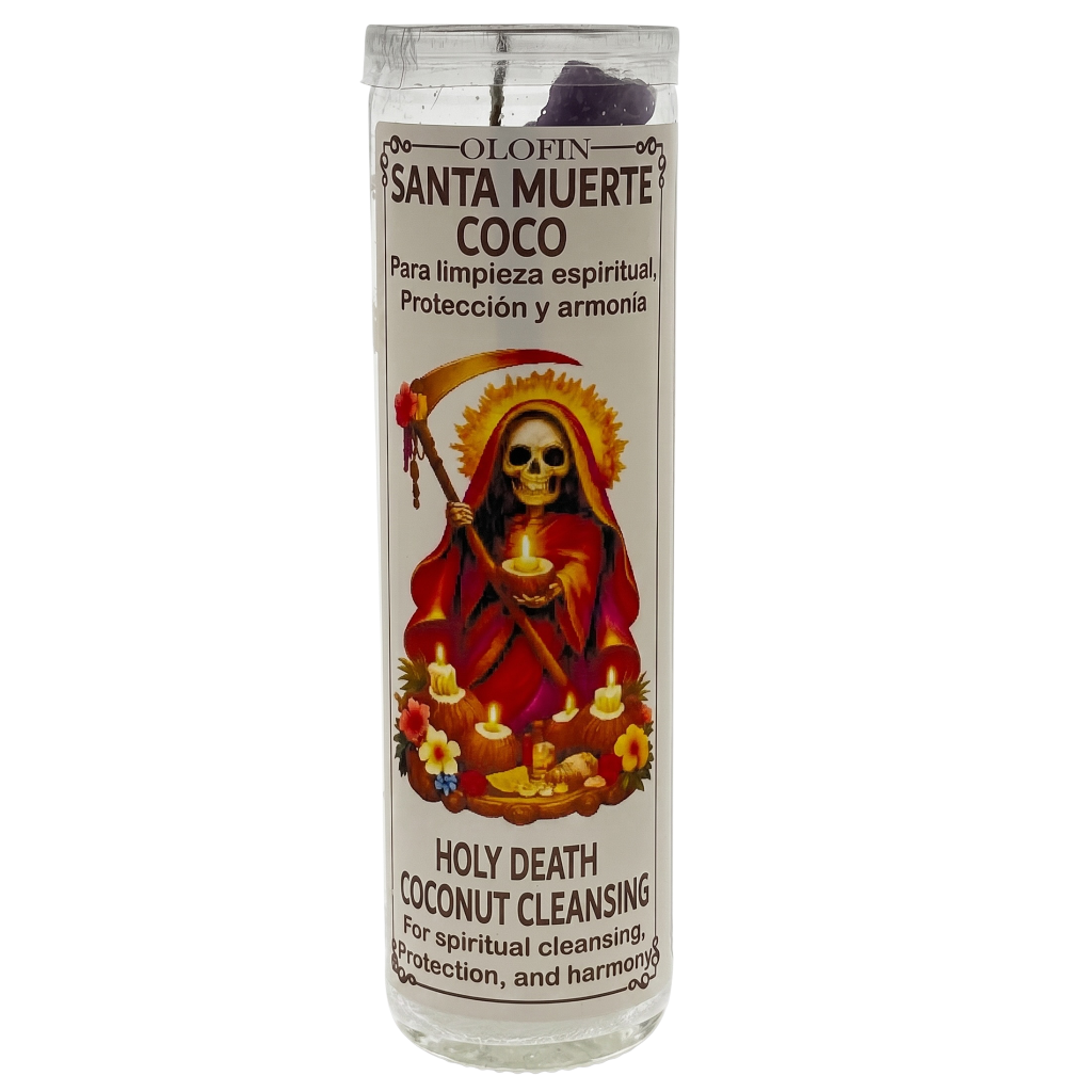 A tall glass jar candle with a white label featuring a colorful illustration of Santa Muerte. The label reads 'OLOFIN SANTA MUERTE COCO' and 'HOLY DEATH COCONUT CLEANSING'.