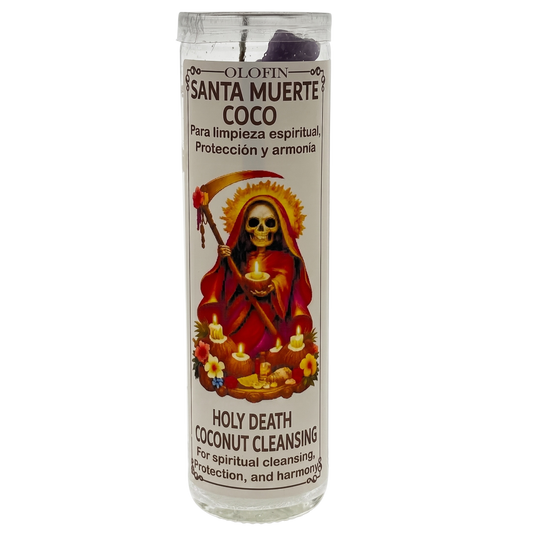A tall glass jar candle with a white label featuring a colorful illustration of Santa Muerte. The label reads 'OLOFIN SANTA MUERTE COCO' and 'HOLY DEATH COCONUT CLEANSING'.