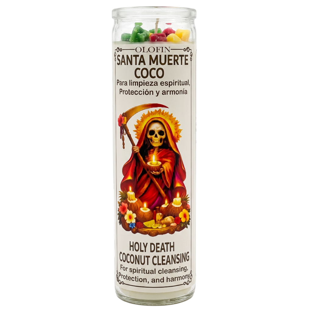 A tall glass jar candle labeled 'Olohn Santa Muerte Coco' with a printed illustration of the Holy Death figure in red robes and flowers, shown on a plain white background.