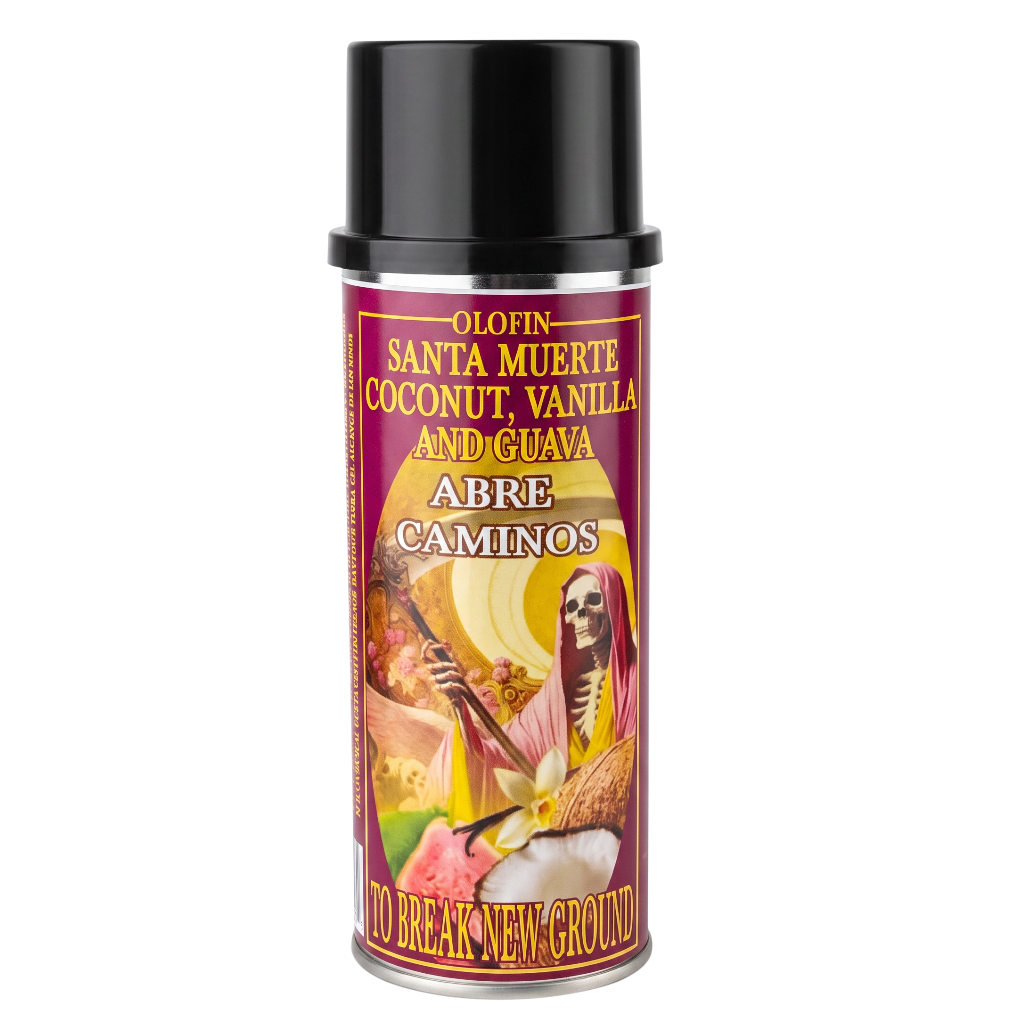 A single aerosol spray can of Olofin Santa Muerte perfume on a plain white background. The can has a black cap and a colorful label featuring a skeleton, a pink flower, and text reading 'Olofin Santa Muerte Coconut, Vanilla and Guava Abre Caminos'.