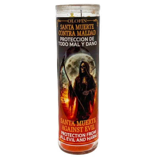 A tall glass jar candle with a Santa Muerte graphic label, featuring Spanish and English text reading 'Santa Muerte Contra Maldad' and 'Santa Muerte Against Evil' on a white background.