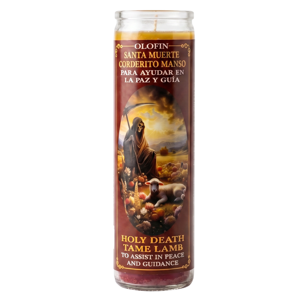 A tall glass jar prayer candle with a printed devotional label featuring Santa Muerte and a lamb, with Spanish and English text reading 'Holy Death, Tame Lamb, To Assist in Peace and Guidance.'.
