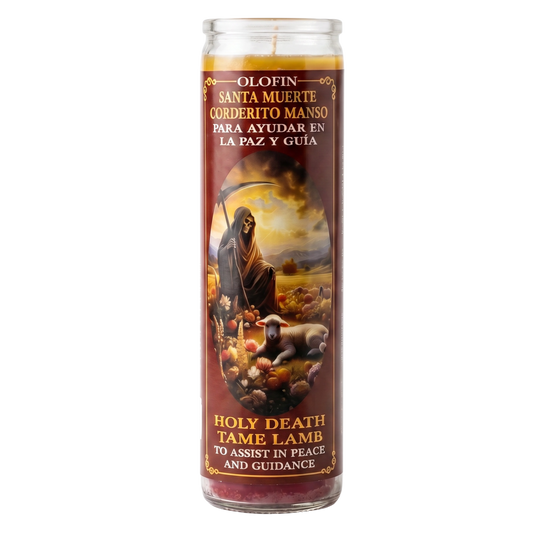 A tall glass jar prayer candle with a printed devotional label featuring Santa Muerte and a lamb, with Spanish and English text reading 'Holy Death, Tame Lamb, To Assist in Peace and Guidance.'.