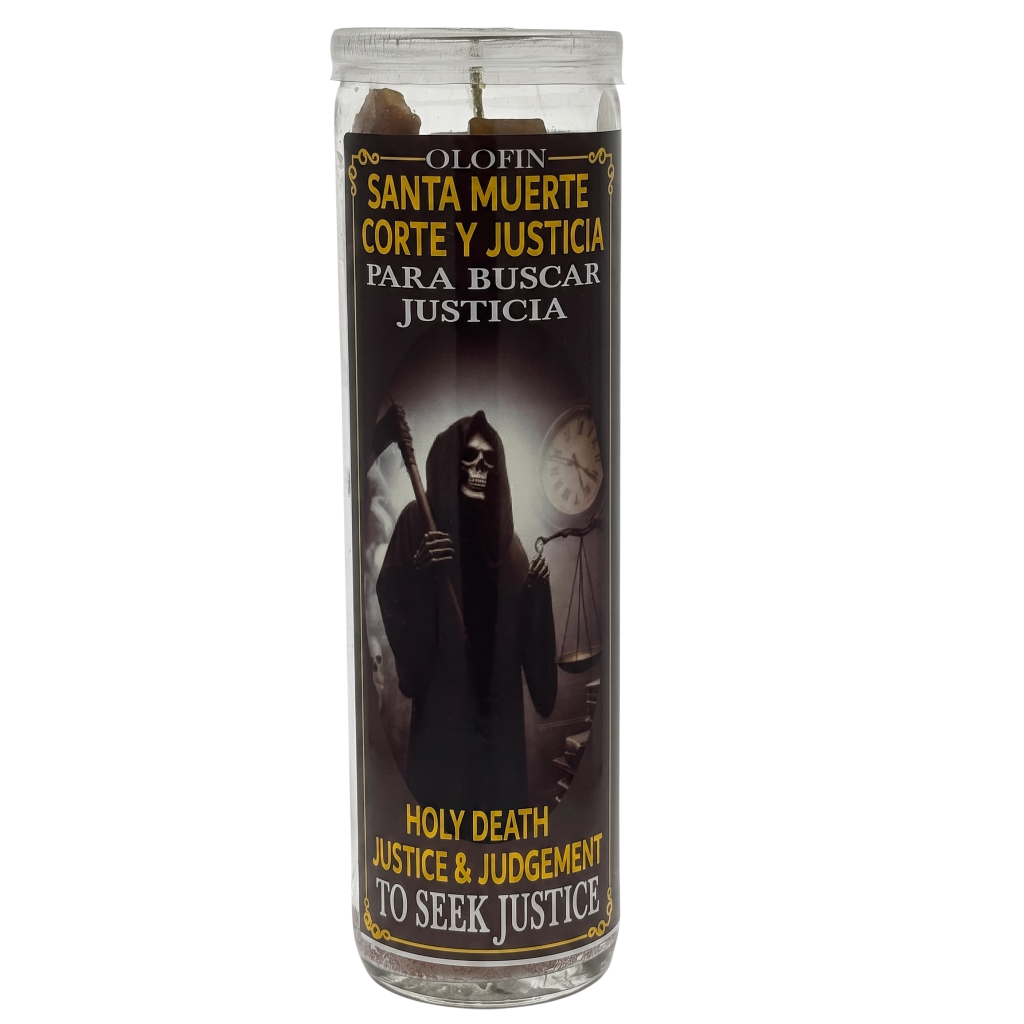 A tall glass jar candle with a clear lid and a dark printed label featuring a grim reaper holding a scythe, with Spanish and English text reading 'Santa Muerte Corte y Justicia' and 'Holy Death Justice & Judgement. To Seek Justice.