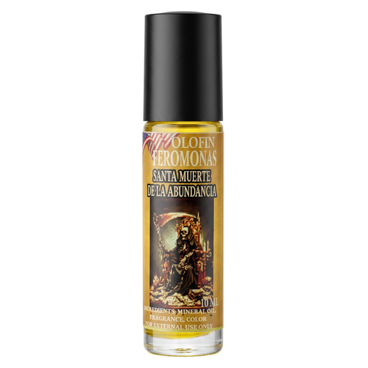 A 10 mL bottle of Holy Oil (Olofin Heromonas) with a black cap and a gold label featuring a Santa Muerte illustration, set against a plain white background.