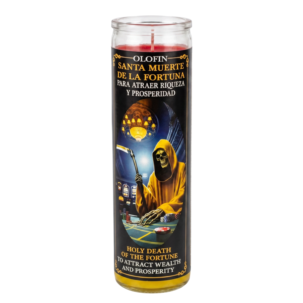 A tall glass jar candle with a red wax fill and a black label featuring a hooded grim reaper holding a scythe, with Spanish and English text reading 'Olofin Santa Muerte de la Fortuna' and 'Holy Death of the Fortune.'.