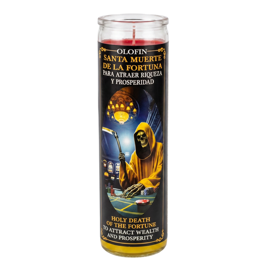 A tall glass jar candle with a red wax fill and a black label featuring a hooded grim reaper holding a scythe, with Spanish and English text reading 'Olofin Santa Muerte de la Fortuna' and 'Holy Death of the Fortune.'.