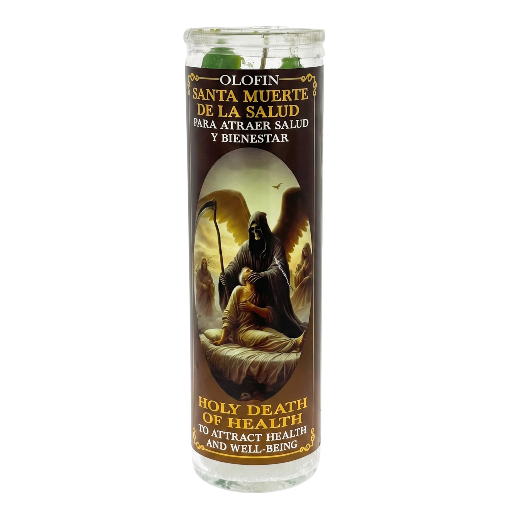 A tall glass prayer candle with a brown printed label featuring a grim reaper illustration and Spanish and English text reading 'Olofin Santa Muerte de la Salud' and 'Holy Death of Health'.