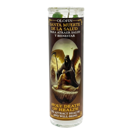A tall glass prayer candle with a brown printed label featuring a grim reaper illustration and Spanish and English text reading 'Olofin Santa Muerte de la Salud' and 'Holy Death of Health'.