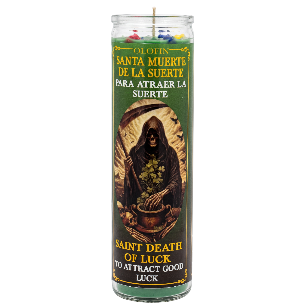 A tall glass jar candle labeled 'Olofin Santa Muerte de La Suerte' with a grim reaper illustration and Spanish and English text, shown on a plain white background.