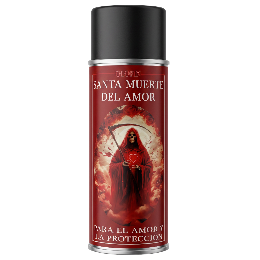 A single aerosol spray can with a black cap and a red label featuring a hooded grim reaper holding a scythe and a red heart, with Spanish text reading 'OLAFIN SANTA MUERTE DEL AMOR' and 'PARA EL AMOR Y LA PROTECCIÓN'.