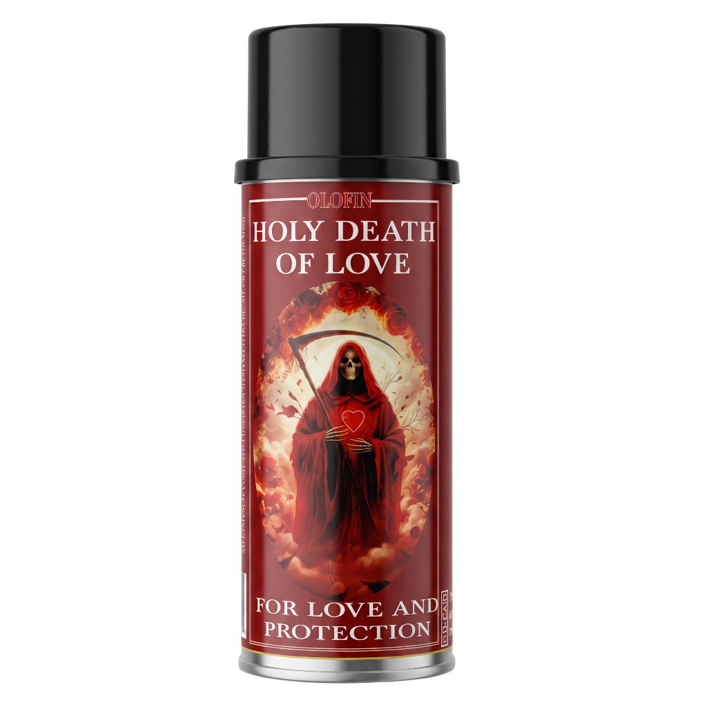 A can of Olorin Holy Death of Love spray with a black cap and a red label featuring a grim reaper illustration, on a white background.