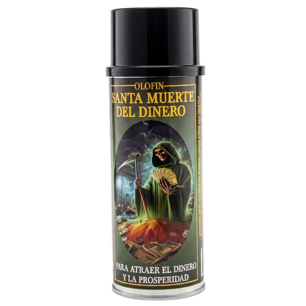 A can of Olofin Santa Muerte Del Dinero spray, featuring a black cap and a dark green label with an illustration of the Grim Reaper holding a scythe over a sack of gold.