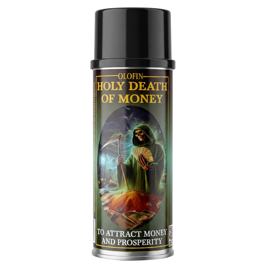 A can of Olofin Holy Death of Money spray, featuring a black cap and a dark label with gold lettering and an illustration of a grim reaper holding a scythe over a pile of gold coins.