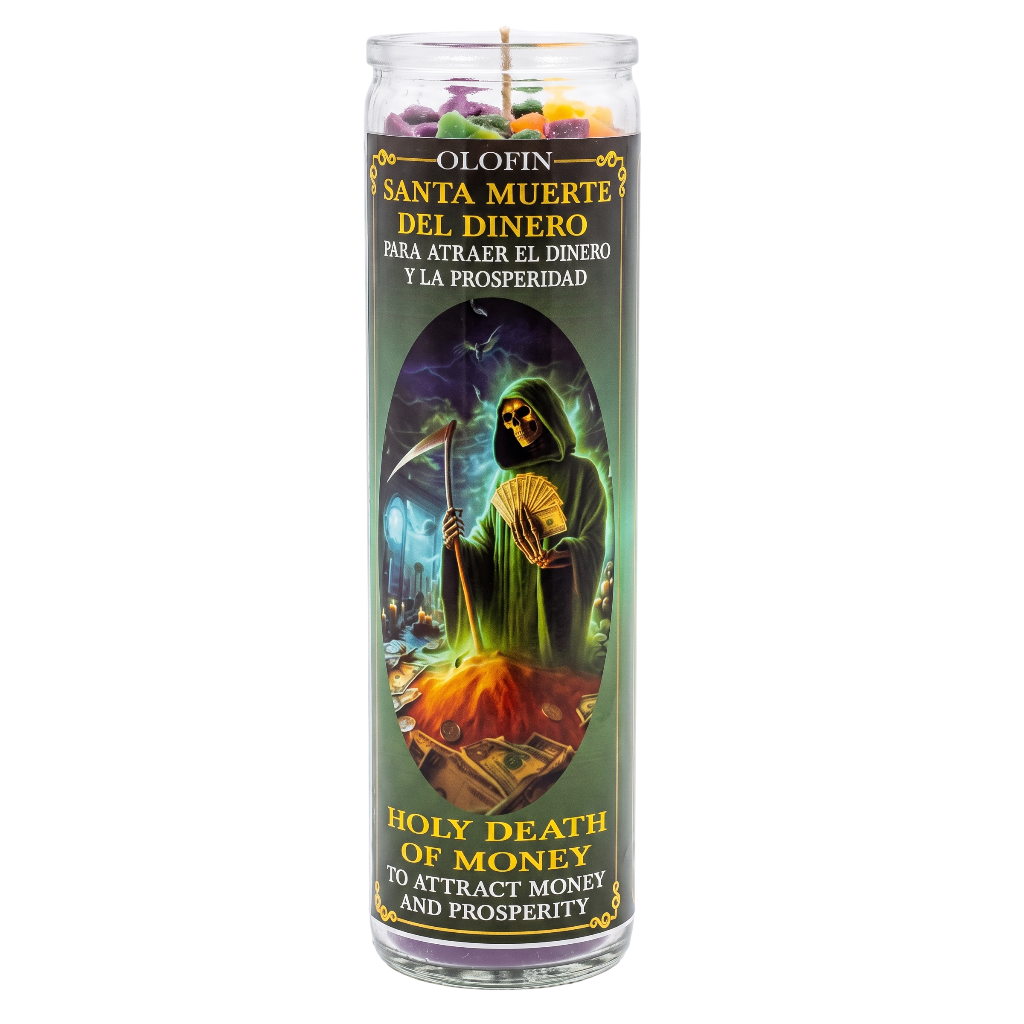 A tall glass jar candle labeled 'OLAPIN SANTA MUERTE DEL DINERO' with a grim reaper illustration and the text 'HOLY DEATH OF MONEY TO ATTRACT MONEY AND PROSPERITY' on a white background.