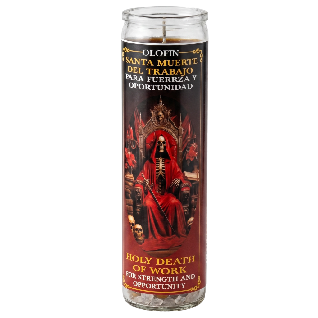 A tall glass jar candle with a printed label featuring a red-robed grim reaper seated on a throne. The label includes Spanish text reading 'Olofin Santa Muerte del Trabajo para Fuerza y Oportunidad' and English text reading 'Holy Death of Work for Strength and Opportunity,' on a plain white background.