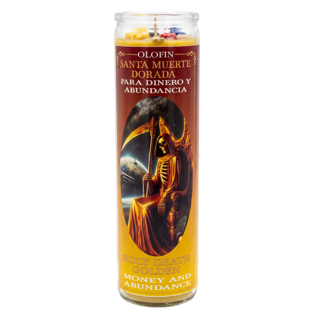 A tall glass prayer candle with a gold and brown label featuring an illustration of a grim reaper holding a scythe. The label has Spanish text reading 'Olofin Santa Muerte Dorada Para Dinero Y Abundancia' and 'Holy Death Golds Money and Abundance,' with multicolored wax visible at the top.