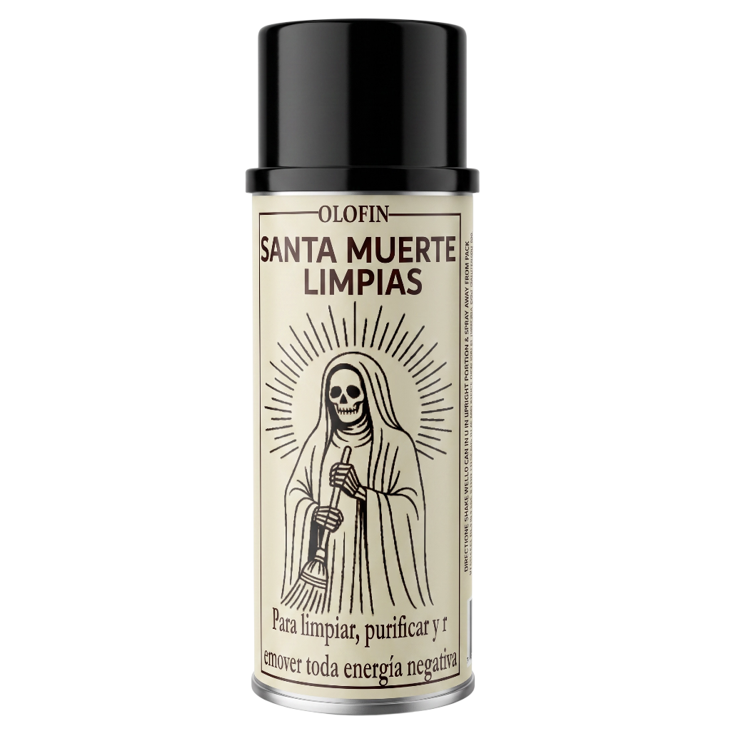 A can of Olofin Santa Muerte Limpias negative energy cleaner spray, featuring a black cap and a cream-colored label with a black line-art illustration of the Santa Muerte holding a broom.