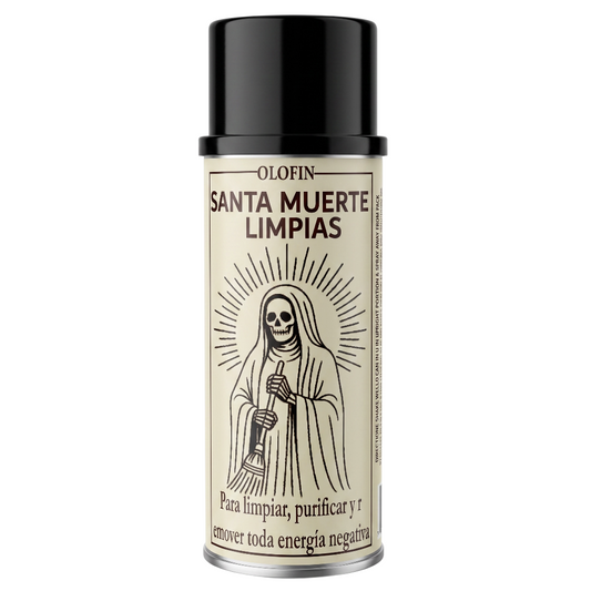 A can of Olofin Santa Muerte Limpias negative energy cleaner spray, featuring a black cap and a cream-colored label with a black line-art illustration of the Santa Muerte holding a broom.