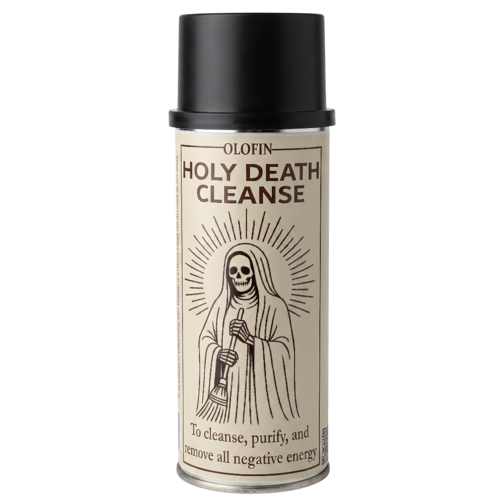 A can of Olofin Holy Death Cleanse spray with a black cap and a beige label featuring a grim reaper illustration.