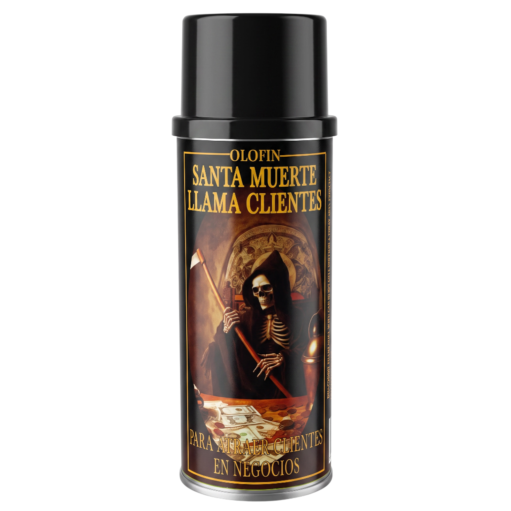 A black aerosol can of Olofin Santa Muerte Llama Clientes, featuring a label with a grim reaper illustration and gold lettering on a white background.