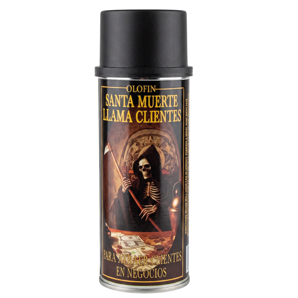 A can of Olofin Santa Muerte llama clientes (smoke incense) with a black cap and a label depicting a grim reaper holding a scythe over money, on a white background.