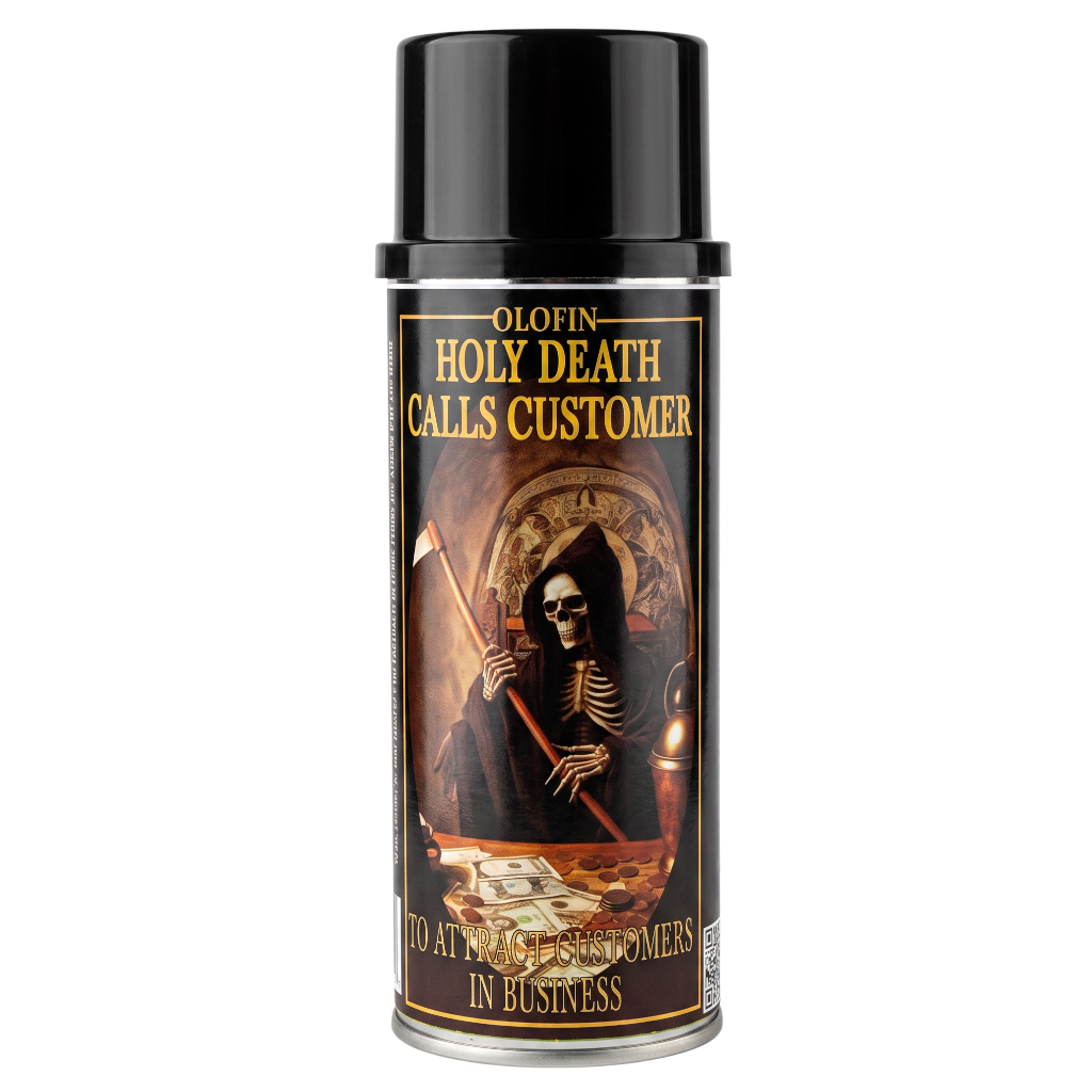 A black aerosol spray can with a glossy black cap, featuring a humorous Halloween parody label that reads 'OLOFIN HOLY DEATH CALLS CUSTOMER' with an illustration of the Grim Reaper holding an axe over a pile of cash.