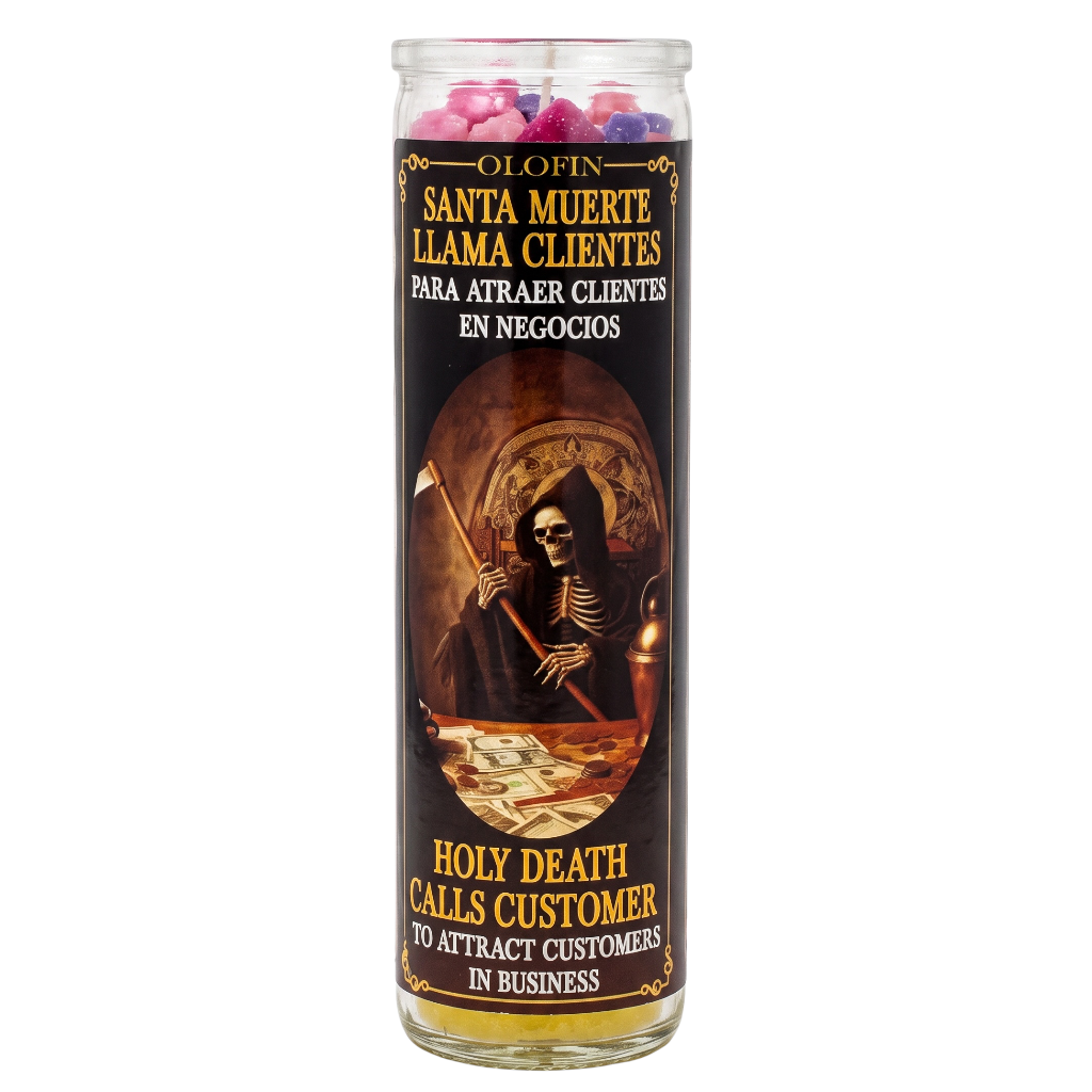 A tall glass jar candle with a black label featuring a grim reaper illustration and Spanish text reading 'Olofin Santa Muerte Llama Clientes' and 'Holy Death Calls Customer to Attract Customers in Business.'.