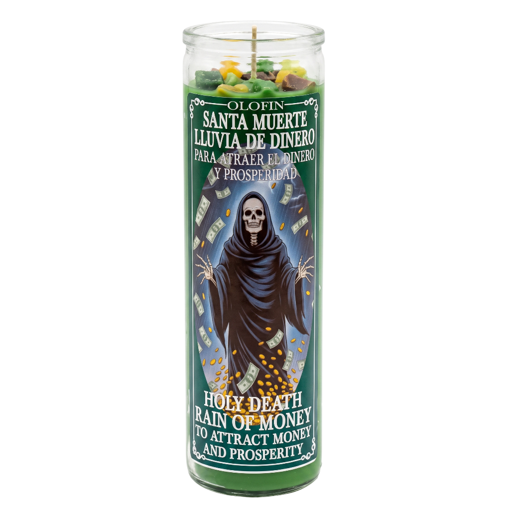 A tall glass prayer candle with a green label featuring Santa Muerte and the text 'Holy Death Rain of Money to Attract Money and Prosperity'.