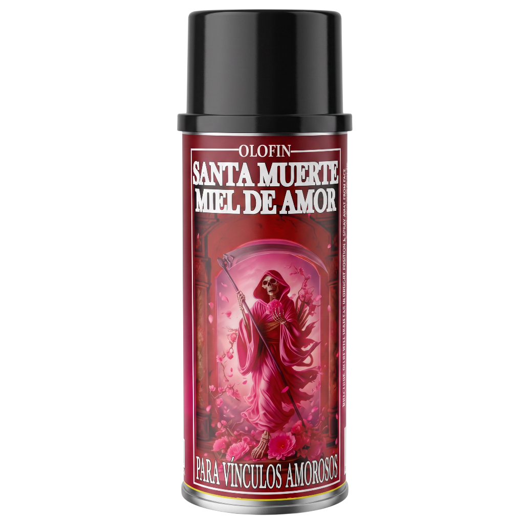 A can of Olofin Santa Muerte Miel de Amor perfume spray with a black cap and a red label featuring an illustration of a grim reaper.