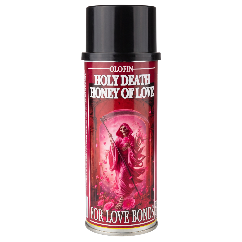 A single aerosol spray can of Olofin Holy Death Honey of Love perfume, featuring a black cap and a red label with a grim reaper illustration.